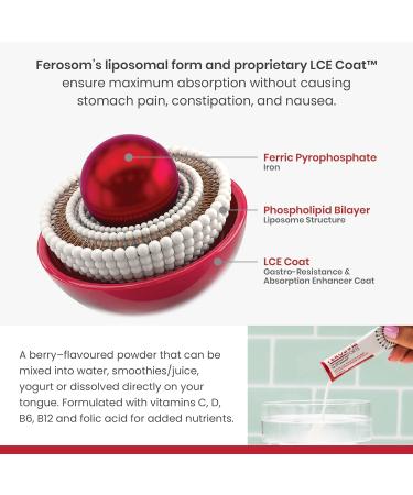 Ferosom Forte LCE Liposomal Iron Supplement Powder Gentle on the Stomach 21g Elemental Iron with Vitamin B12 B6 D C Folic Acid Berry Flavor Powder or Liquid Iron Drink 20 Vegan Iron Sachets - Buy Online on SooperMarket.com