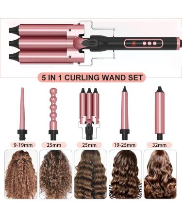 5-in-1 Ceramic Curling Wand Set with LCD Display - Interchangeable Waver Curling Iron for Long/Short Hair - Pink - Buy Online on SooperMarket.com