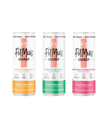 MusclePharm FitMiss Energy Drink 12oz (Pack of 12) Variety Pack - Mango  Pineapple Coconut  Watermelon - Sugar Free Calories Free - Perfectly Carbonated with No Artificial Colors or Dyes Mango  Watermelon  Pineapple Coconut - Buy Online on SooperMarket.com