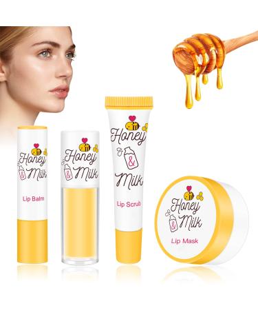 LSxia 4 Piece Honey Milk Lip Mask Lip Balm Lip Scrub Lip Oil Lip Care Kit  Moisturizing & Nourishing Dry and Cracked Lips  Overnight Sleeping Lip Exfoliator Lip Moisturizer Lip Repair Holiday Gift Set