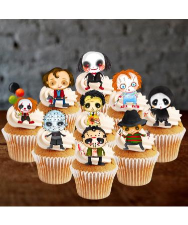 Halloween Horror Cupcake Toppers Theme #1 (PRECUT Optional) Horror Movie Edible Cupcake Toppers - Wafer Cake Decorations (PRECUT Pack of 12)
