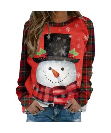 Women's Christmas Sweatshirts Cute Snowman Penguin Print O-Neck Raglan Top Shirt Pullover Comfy Warm Xmas Jumper Winter Long Sleeve Tops Loose Tunic Top Sweaters Red XL