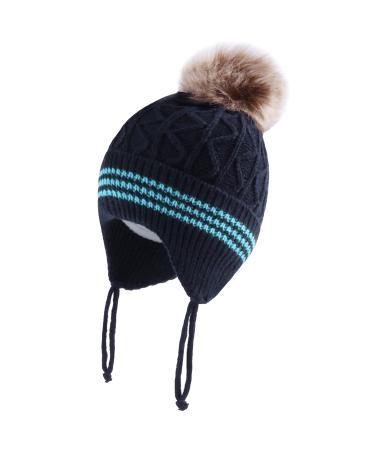 LANGZHEN Toddler Kids Infant Winter Hat Earflap Knit Warm Cap Fleece Lined Beanie for Baby Boys Girls 6-12 Months Navy-Pompon