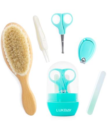 Baby Hair Brush Newborn Set - Toddler Wooden Hair Brush Soft Goat Bristles Manicure Kit Baby Nail File Clippers Scissors Baby Nose Cleaning Tweezers for Kids Grooming Bath Travel Baby Boy Girl Gift