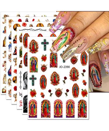 Dornail 12 Sheets Virgin Mary Nail Art Stickers  Christian Jesus San Judas Nail Stickers 3D Self-Adhesive Nail Design Baby Angel Wings Nail Decals for Women DIY Nail Decorations for Nail Art Supplies