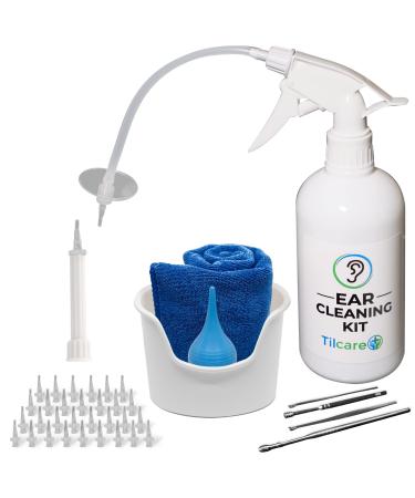 Ear Wax Removal Tool by Tilcare - Ear Irrigation Flushing System for Adults & Kids - Perfect Ear Cleaning Kit - Includes Basin Syringe Curette Kit (Spoon and Spiral) Towel and 30 Disposable Tips