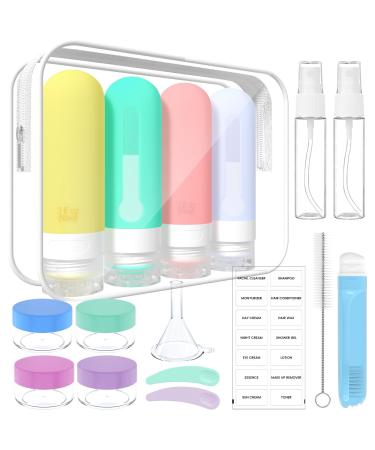 90ml x 4 silicone travel bottles set travel bottles for filling toilet items 17 pieces portable travel container for shampoo lotion leak -proof refilled TSA tested and bpa free 90ml yellow green pink purple