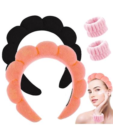Spa Headband for Washing Face Makeup Headband Bubble Skincare Headbands with Face Wash Wristbands Terry Cloth Headband Soft Puffy Headband for Women Gifts Black+Orange