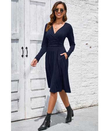 Ouges Women's Spring Casual Midi Dress with Long Sleeve and Pockets - XL Navy - Buy Online on SooperMarket.com