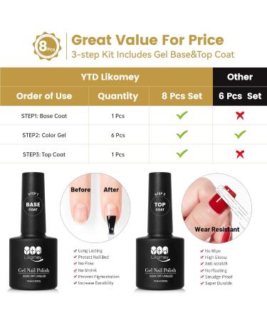 YTD LIKOMEY UV Nail Polish Shellac Set - 6 Translucent Colors Base & Top Coat 8 PCs 7.5ml Gel Kit for Professional Manicures - Buy Online on SooperMarket.com