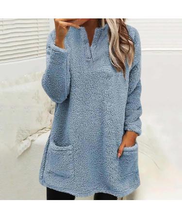 AMhomely Women's Plus Size Teddy Fleece Hooded Jumper - V Neck Pullover Sweatshirt in Blue - 3XL - Buy Online on SooperMarket.com