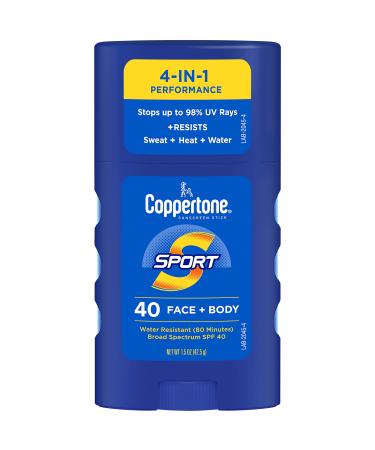 Coppertone SPORT Sunscreen Stick SPF 40  Water Resistant Stick Sunscreen  Travel Size Sunscreen for Face and Body  1.5 Oz Stick