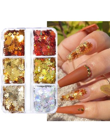 Maple Leaf Nail Glitter Sequins 3D Holographic Fall Leaves Nail Art Flakes 6 Colors Laser Autumn Leaf Nails Decals Stickers for Acrylic Nails Decorations DIY Crafts B