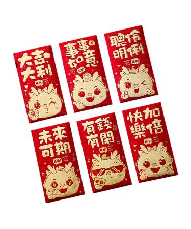 Generic 6pcs Traditional 2024 New Year Hong Bao Red Envelopes Year of The Dragon Hongbao Red Packet for Birthday Spring Festival Wedding Style B