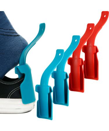 4 Pieces Lazy Shoe Helper Portable Sock Shoe Slider Travel Handled Shoe Horn Shoe Lifting Wearing Helper Tool Easy on Easy Off Plastic Shoehorn One Size Fits Most Shoes All Age, Blue/Red