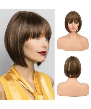 Bob Wig with Bangs, REECHO 11" Short Brown Bob Wigs with Bangs Synthetic Replacement Hair Wigs for Women - Chocolate Brown with Blonde Highlights 11 Inch (Pack of 1) Chocolate Brown with Blonde Highlights