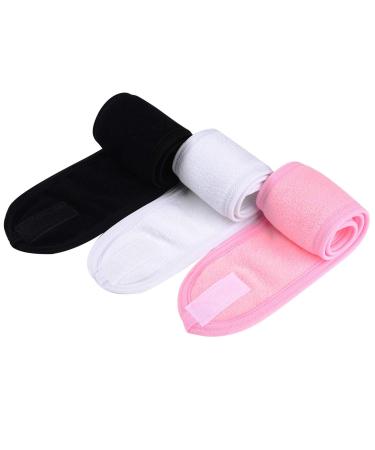 Quesuc Spa Facial Headband Make Up Wrap Head Terry Cloth Headband Adjustable Towel for Face Washing Shower 3 Pieces (White Black Pink)