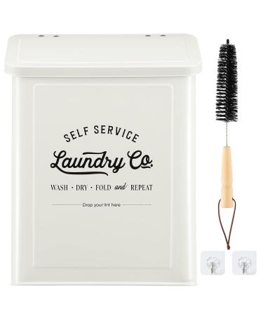Magnetic Lint Bin for Laundry Room Metal Trash Can with Lid for Dryer Farmhouse Lint Holder Laundry Co Sign Laundry Room Storage Decor with Dryer Lint Brush(White)