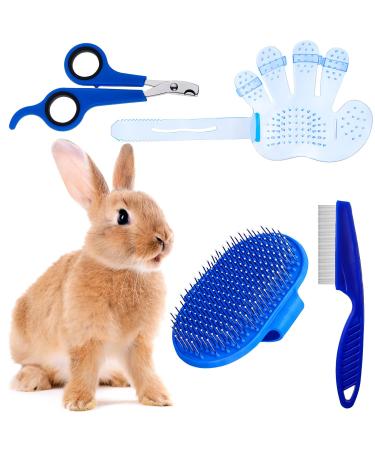 4 Pieces Bunny Grooming Kit with Rabbit Grooming Brush Pet Hair Remover Pet Nail Clipper Pet Comb Shampoo Bath Brush with Adjustable Ring Handle for Rabbit Hamster Bunny Blue