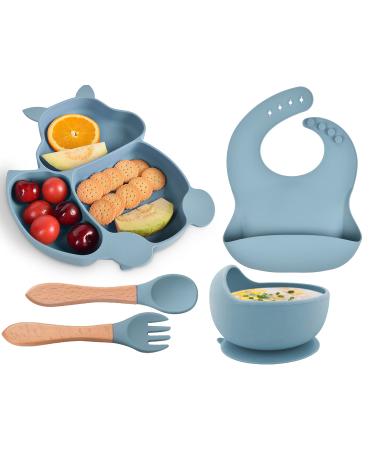 Hoseay Baby Weaning Set 5 in 1 Baby Feeding Set Silicone Suction Plate and Bowl Spoon Fork Bibs Eating Set for Kids Toddler Plates and Bowls Sets Baby Essentials for Baby Led Weaning Blue Squirrel