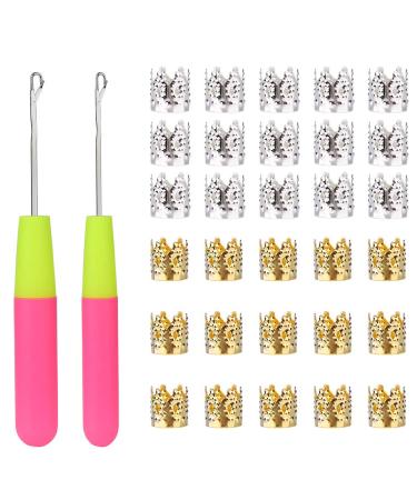 2 PCS Latch Hook Crochet Needle + 30 PCS Dreadlocks Hair Ring Decoration Braiding Hair Silver Gold Metal, for Crochet Braids Hair Decoration Accessories 32PCS