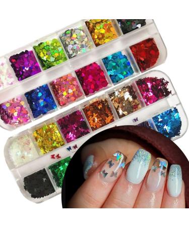 Holographic Nail Glitters Sequins Set - 4 Boxes | Butterfly, Heart, Alphabet, Star | Chunky Flakes for Nail Art, Craft, Makeup - Mixed Colors - Buy Online on SooperMarket.com