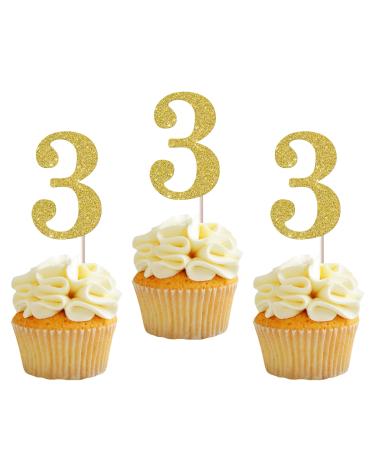 Rsstarxi 36 Pack 3rd Birthday Cupcake Toppers Gold Glitter Age Three Number 3 Cupcake Picks Third Birthday Cake Decorations for Baby Shower Birthday Anniversary Party Decorations Gold Number 3