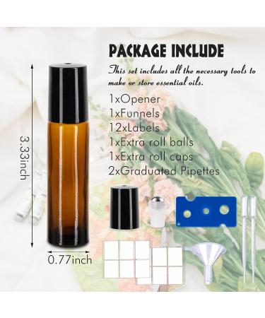 12 Pack 10ml Amber Glass Essential Oil Roller Bottles with Stainless Steel Roller Balls and Accessories | Labels, Openers, Funnels, Droppers Included - Buy Online on SooperMarket.com