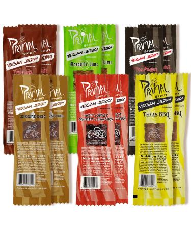 Primal Spirit Vegan Jerky - Our Sampler Pack 10g. Plant Based Protein Certified Non-GMO ("The Classics" Thai Peanut Mesquite Lime Teriyaki Hot & Spicy Hickory Smoked & Texas BBQ 12-Pack 1 oz)