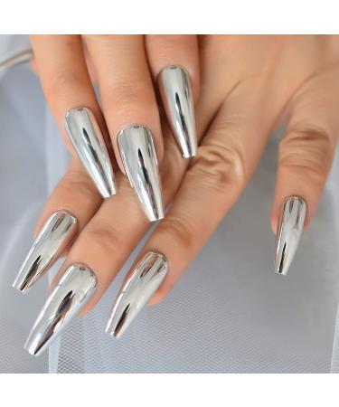 Silver Punk Metallic Press On False Nails - Long Coffin Ballerina Chrome Mirror Fake Nails - Full Cover Acrylic Nail Tips with Glue Tape - Women/Girls - L5883-1 - Buy Online on SooperMarket.com