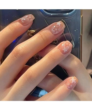 MERVF Square Press on Nails Short Fake Nails Nude Squoval Acrylic Nails Star 24pcs Glossy Glue on Nails for Women 0020-01