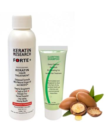 Keratin Forte Keratin Brazilian Keratin Hair Blowout Treatment Extra Strength 120ml with Clarifying Shampoo 30ml Enhanced Formula for Curly Hair By Keratin Research with Moroccan Argan oil (120ml kit) 2 Piece Set