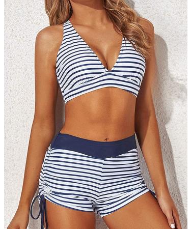 Yonique 3 Piece Tankini Swimsuit Set - Blue/White, Large | Women's Swim Tank Top with Boy Shorts and Bra | Athletic Swimwear - Buy Online on SooperMarket.com