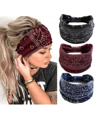 Headbands for Women Ladies Wide Hair Band Boho Floral Print Knot Elastic Running Yoga Head Wrap Hairbands(3 Colors) boho 1