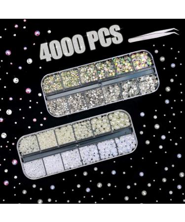 4000 PCS Rhinestones & Pearls for Nail Flatback Crystal AB Rhinestones and Illusive Pearls in 2 3 4 5 6 mm with Pick Up Tweezer for Girls DIY Craft Face Clothes Shoes Bags Phone Case Arts
