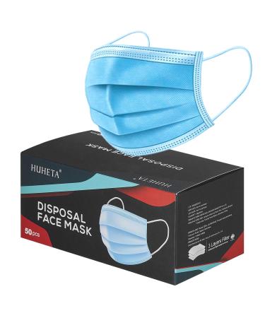 Pack of 50 Disposable Face Mask 3-Ply Breathable & Comfortable Safety Mask Protective Dust Masks for Indoor and Outdoor - Individually Wrapped (Blue Mask)
