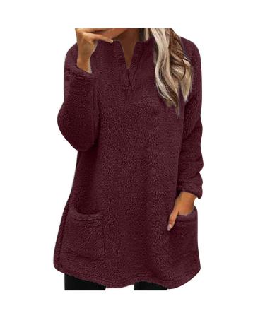 AMhomely Ladies Womens Soft Teddy Fleece Hooded Jumper Plus Size Double Fleece Casual Hoodies With Pocket V Neck Soft Fleece Hooded Sweatshirts Plain Pullover Tops Winter Lightweight Lounge Tops 04 Wine M