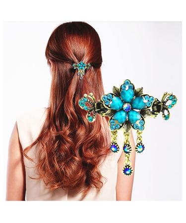 Flower Butterfly Hair Barrettes Vintage French Rhinestone Hair Clasps Claws Floral Hair Clips Accessories for Women Girls Teens (Blue C)