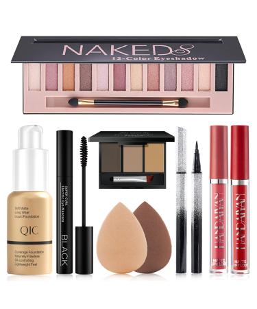 Makeup Kit for Women Full Kit, All in One Makeup Set Includes 12 Colors Naked Eyeshadow Palette, Nude Foundation, Waterproof Liquid Eyeliner & Mascara, Eyebrow Powder, 2Pcs Matte Liquid Lipstick and 2Pcs Makeup Sponge, Gif…