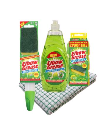 Complete Washing Up Liquid Bundle - Set Includes 600ml Apple Elbow Grease Washing Up Liquid Dish Brush Refill Sponges and Kitchen Towel