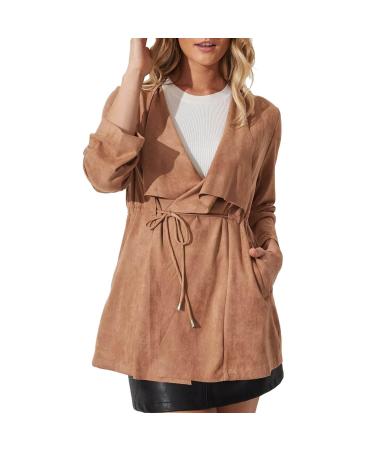 Creoqiji teddy sweater women single-colored women's autumn and winter jacket with a V-neck and lacing suitable for family celebrations casual Lohas Time jacket short coat women wool brown m