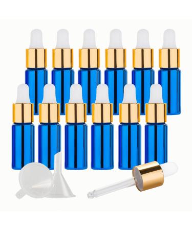 Tianzd 12 pieces 5 ml of empty chrome blue drip bottle Pipette bottles with glass pipette 5ml glass bottle with a drip pipette with gold screw cap for perfume oils essential oils blue 5 ml