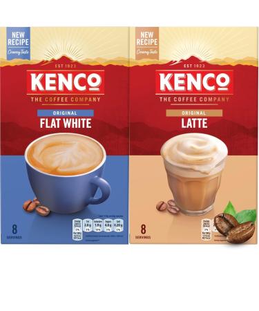 Kenco Latte Coffee Sachets Bundle with 8 Flat White and 8 Original Latte Instant Coffee Total of 16 Individual Sachets