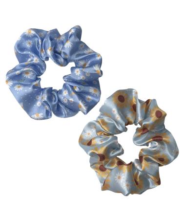 Daisy Hair Scrunchies Elastics Flower Hair Ties Blue Hair Accessories for Women Girls Silk Hair Band Large Ponytail Holder Bracelet Ropes Party Favor Gift 2PCS