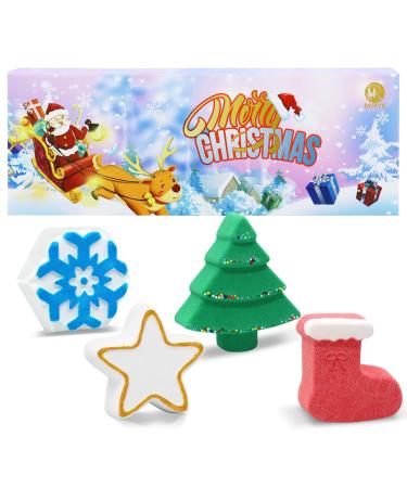 Christmas Bath Bombs for Kids Christmas Gift Set Bath Bombs for Boys and Girls with Santa Snowflake Christmas Sock Star 4-Pack Set in a Gift Box Christmas Stocking Stuffer Bubble Bath Bath Bomb Set