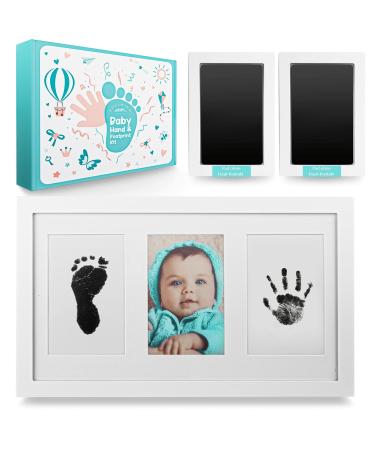 Noble hand baby handprint and footprint set with 2 large stamp cushions without direct skin touch - baby hand and foot ink print as a high -quality picture frame - baby gift print set 1 ink