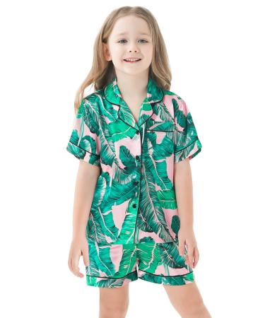 SWOMOG Kids Silk Pyjamas Girls Boys Short Sleeve Satin PJs Sets Button-Down Silky Nightwear Children Sleepwear Teens Age 4-16 4-5 Years Pink Leaves