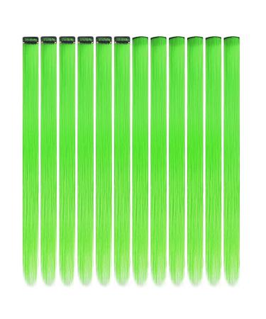 12 Pcs Colored Hair Extensions Colorful Clip in Hair Extensions 22 inch Synthetic Straight Hair Extensions for Kids Girls Women Green