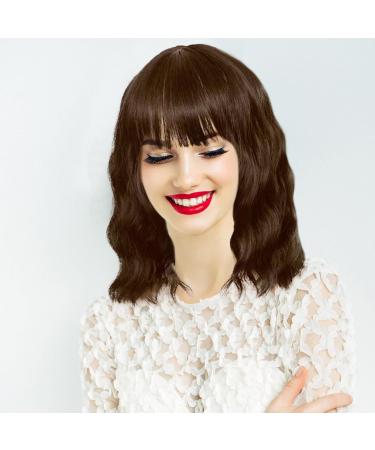 SKHAOVS Curly Fancy Dress Wigs with Hair Bangs Short Wavy Curly Women Fresh Bright Synthetic Ordinary Flat Bangs Bob Wig Cosplay Party Wigs Women's Shoulder Length Halloween Girl Wigs (Brown) - Buy Online on SooperMarket.com