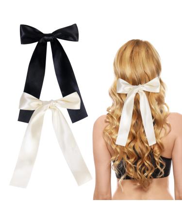 2 Pack Hair Bows for Girls and Women Large Bow Hair Clips Hair Barrette with Long Silky Satin Hair Accessories for Girls Black Beige